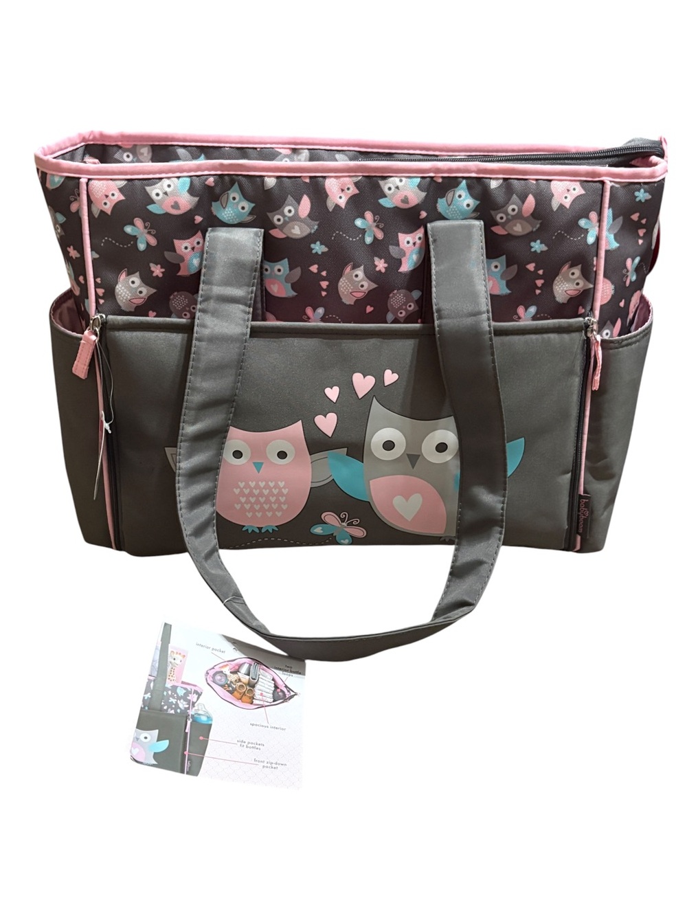 Baby Boom Owl Print Diaper Bag Tote NWT Gray Pink 5 Pockets